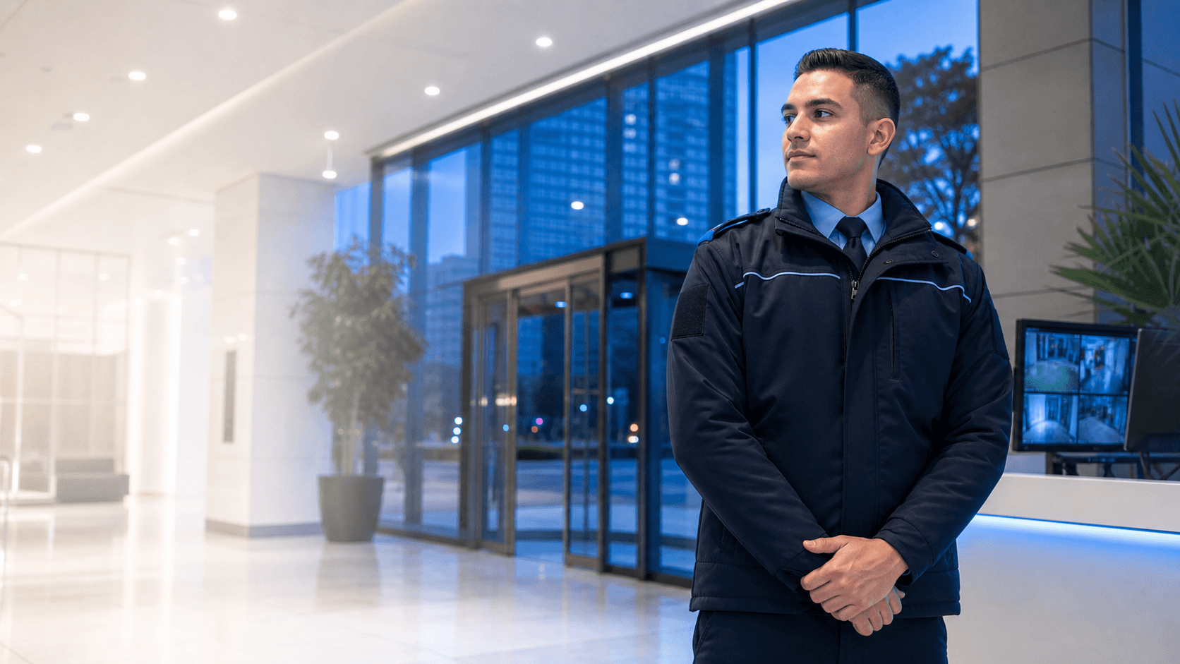 CanAmera Security guard monitoring a modern commercial lobby